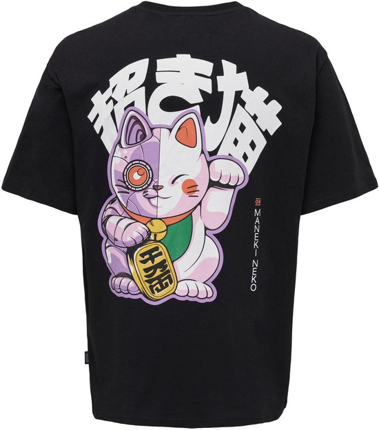 Zwarte T-shirt met een grote print van een robot Maneki Neko kat op de rug met Japanse tekens.