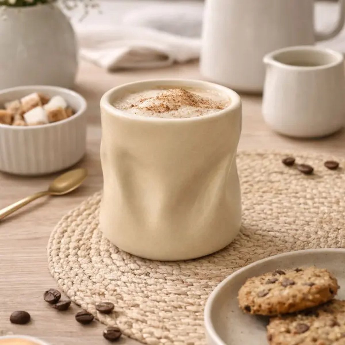 Wave mokken – handgemaakt keramiek – mat beige – 350 ml – Ø9 x H8,8 cm – set 2