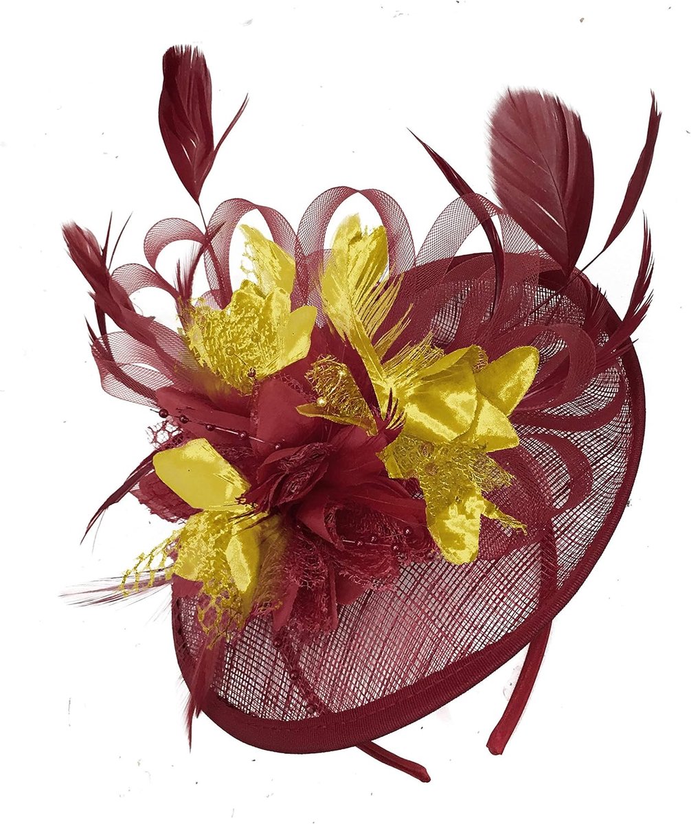 Elegante Fascinator Schotel Hoed voor Dames Bordeauxrood en Goud Bruiloft Hoofddeksel