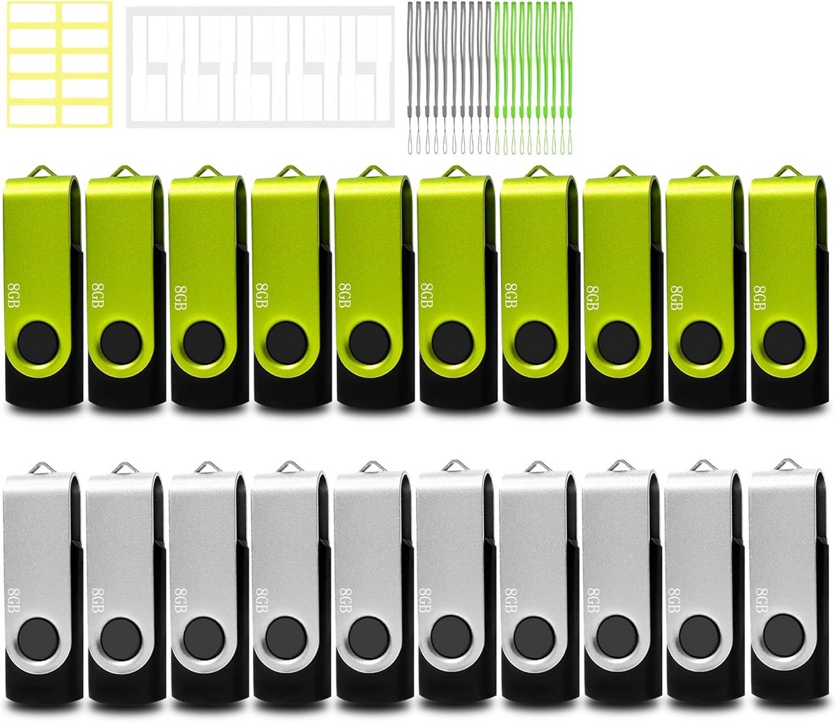 20x 8GB USB Stick Draaibaar USB 2.0 Geheugenstick met Sleutelkoord en Label