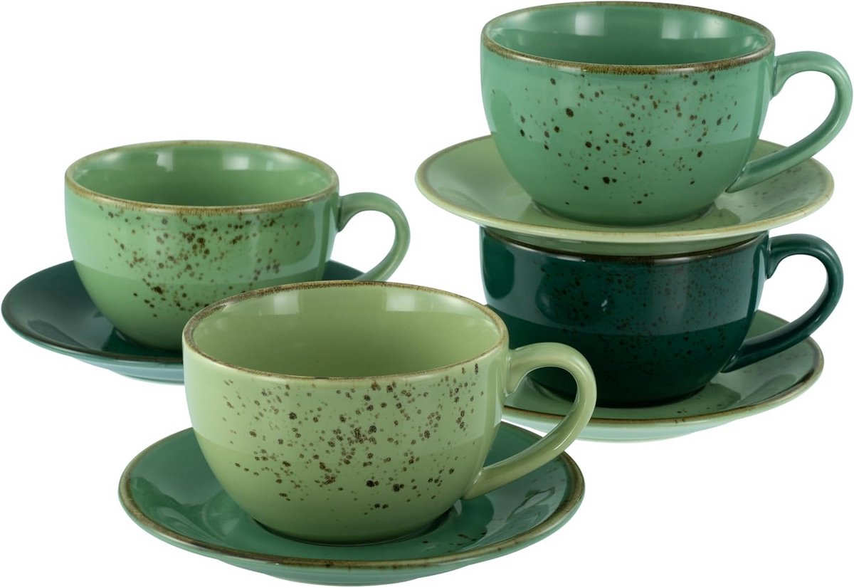 Cappuccinoservies Groen Naturel - 8 Delig Steengoed Set voor 4 Personen