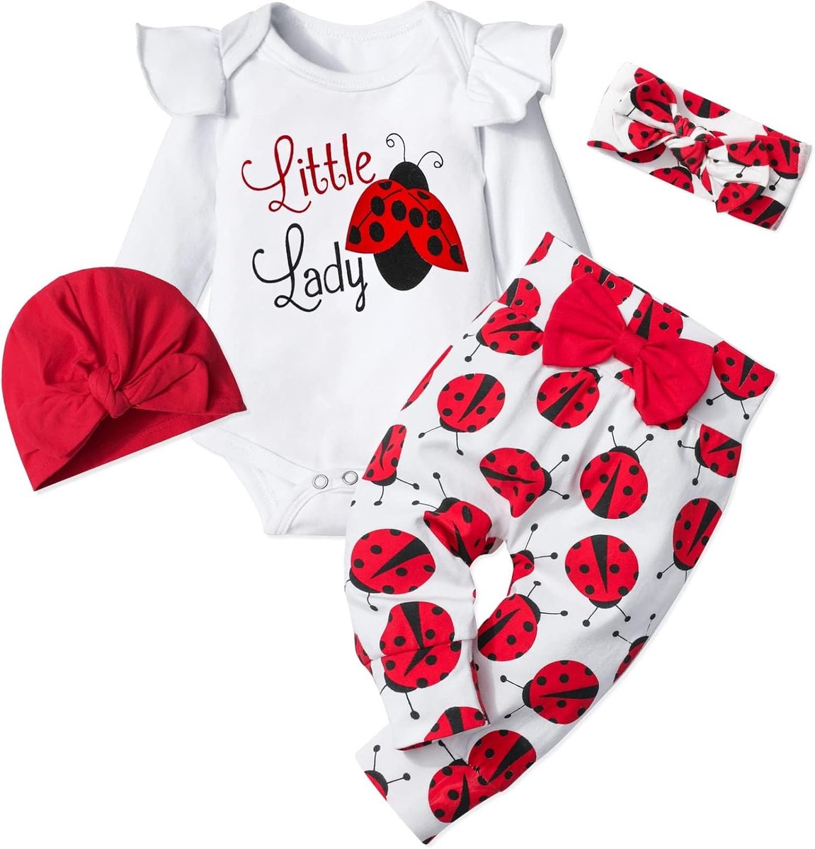 Schattige 4-delige Babykleding Set voor Meisjes (0-6 maanden) met Ruches en Hoofdband