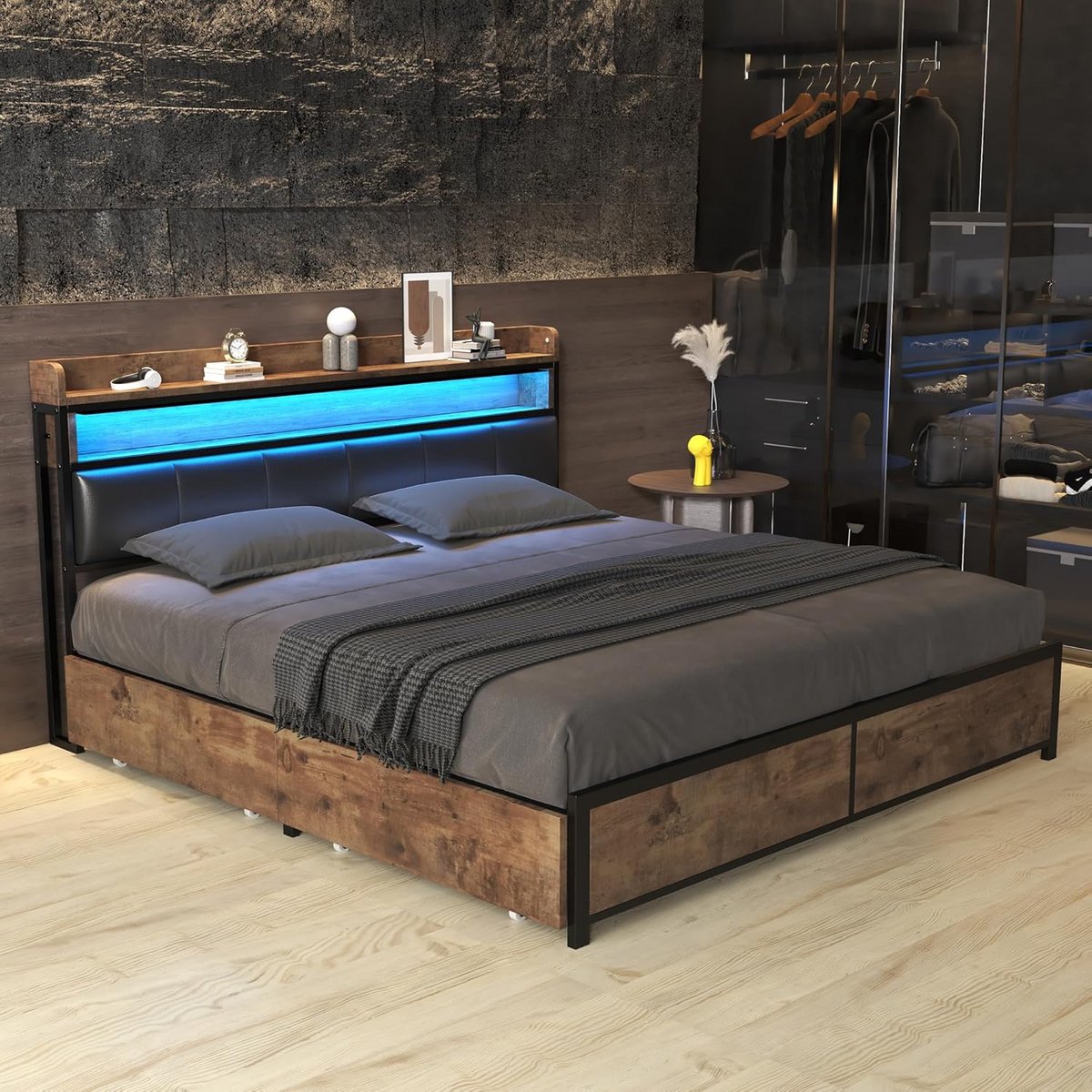 Gestoffeerd Tweepersoonsbed 180x200 cm met LED Verlichting en 4 Opbergladen