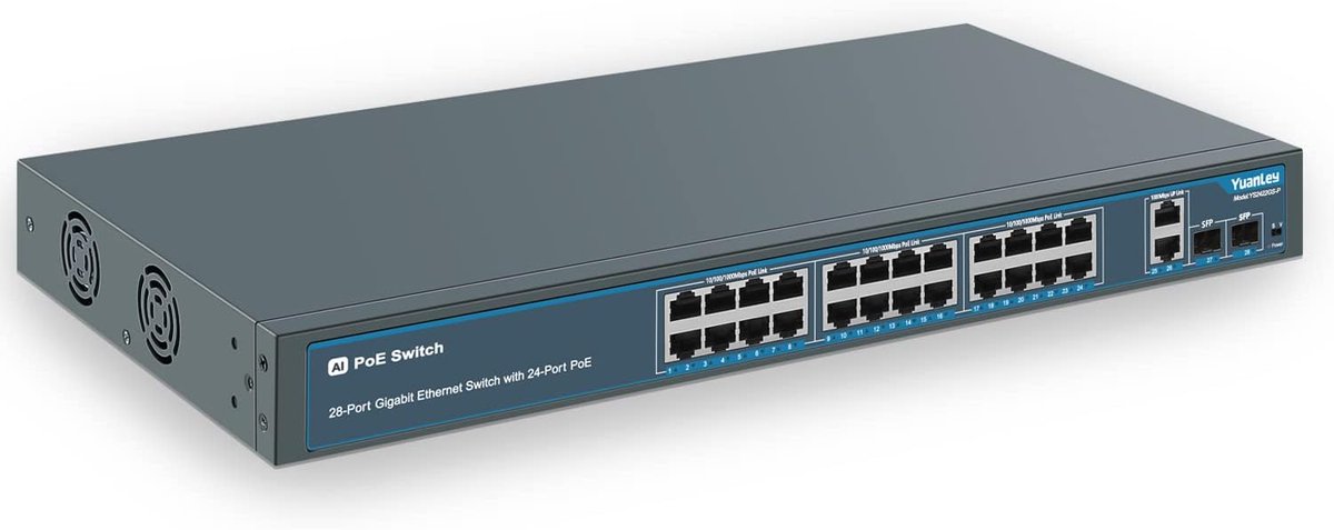 28-poorts Gigabit PoE+ Switch met 2 SFP en 400W vermogen, AI Watchdog en VLAN