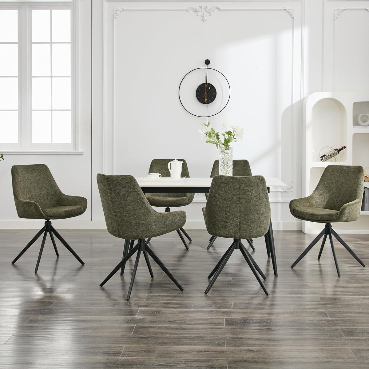Eetkamerstoelen Set van 6 – Draaibare Moderne Keukenstoelen met Ergonomische Rugleuning en Comfortabele Zitting – Armloos Design – 44 x 52 x 86 cm – Groen – Abkantoor