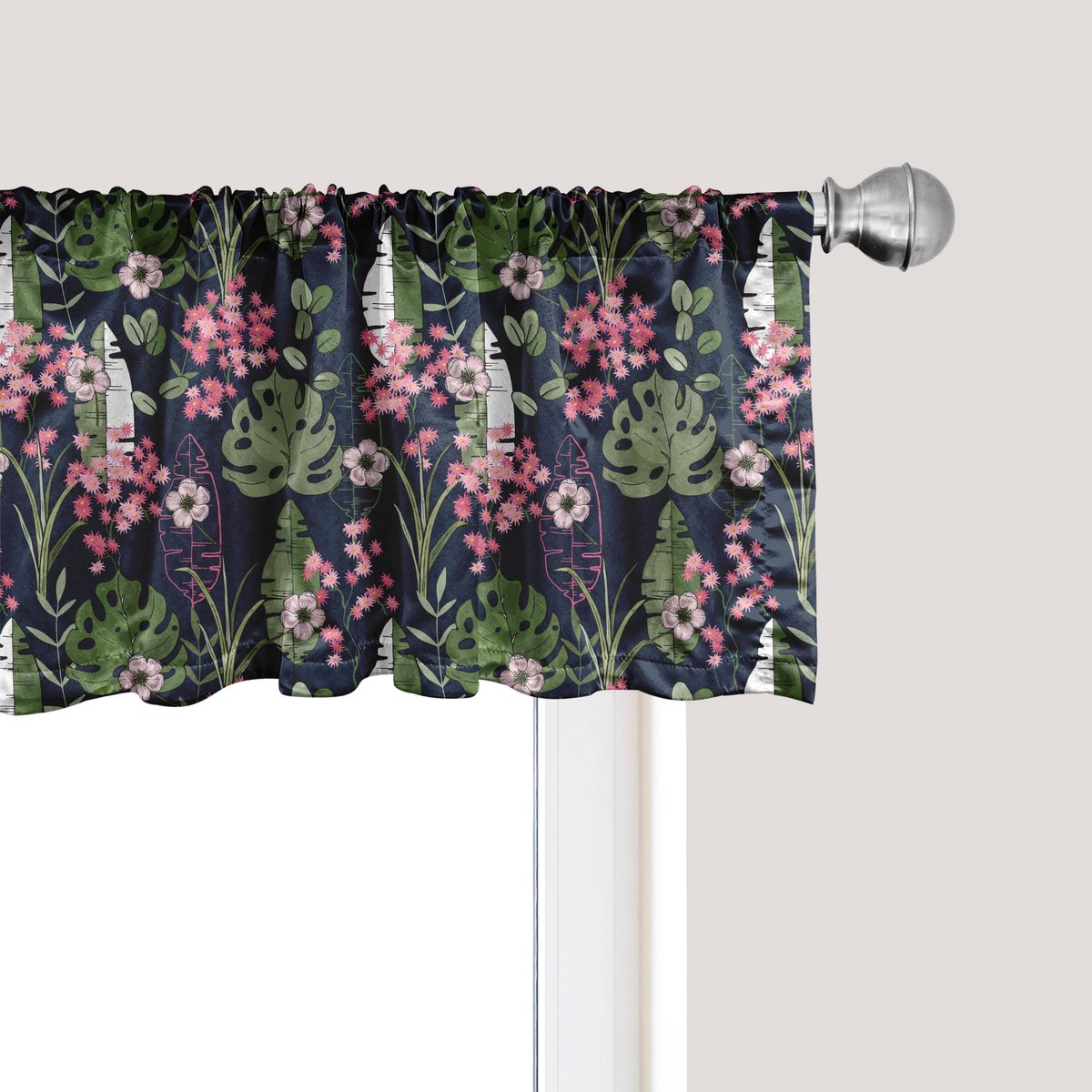 ABAKUHAUS Hawaii raamvalletje, gordijnvalletje voor keuken en slaapkamer met tunnelzoom, 137 cm x 30 cm, olijfgroen lichtroze