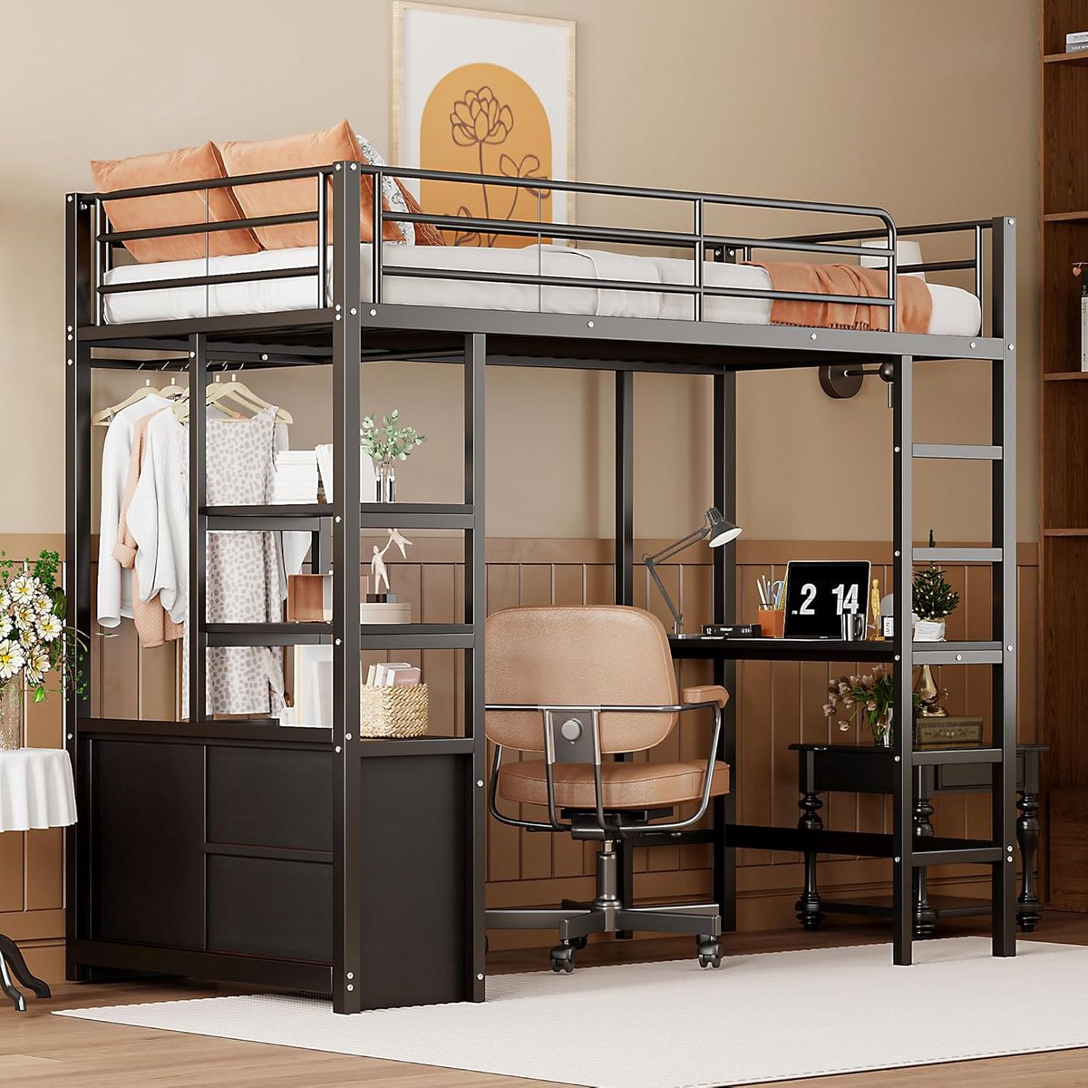 Hoogslaper met Ingebouwd Bureau, Stopcontact en USB - 90x200 cm - Zwart