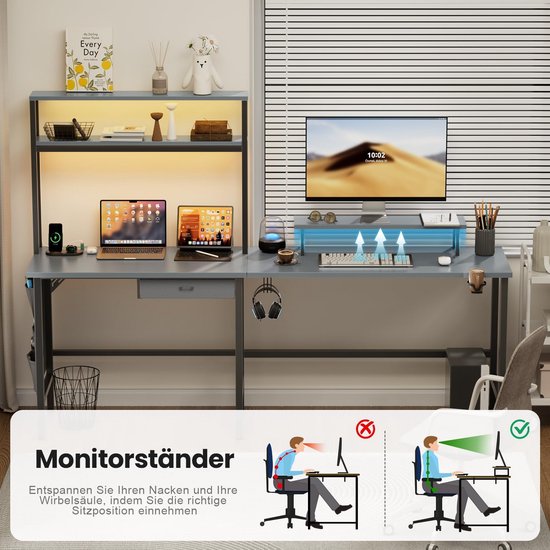 Grote RGB LED Gaming Hoekbureau 170x100cm met Opbergplank en Geïntegreerde Stroomvoorziening van Merkloos — afbeelding 2