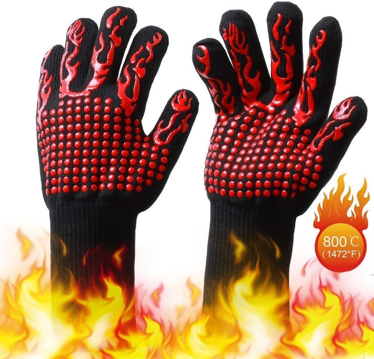Hittebestendige BBQ Handschoenen 1 Paar - Antislip Grillhandschoenen tot 800°C - Silicone en Katoen Gemaakt - Lange Bescherming voor Koken, Grillen, Bakken en Microgolf