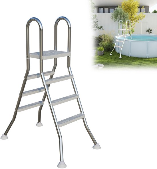 Zilverkleurige zwembadladder met 3 treden, antislip en op de grond staand.