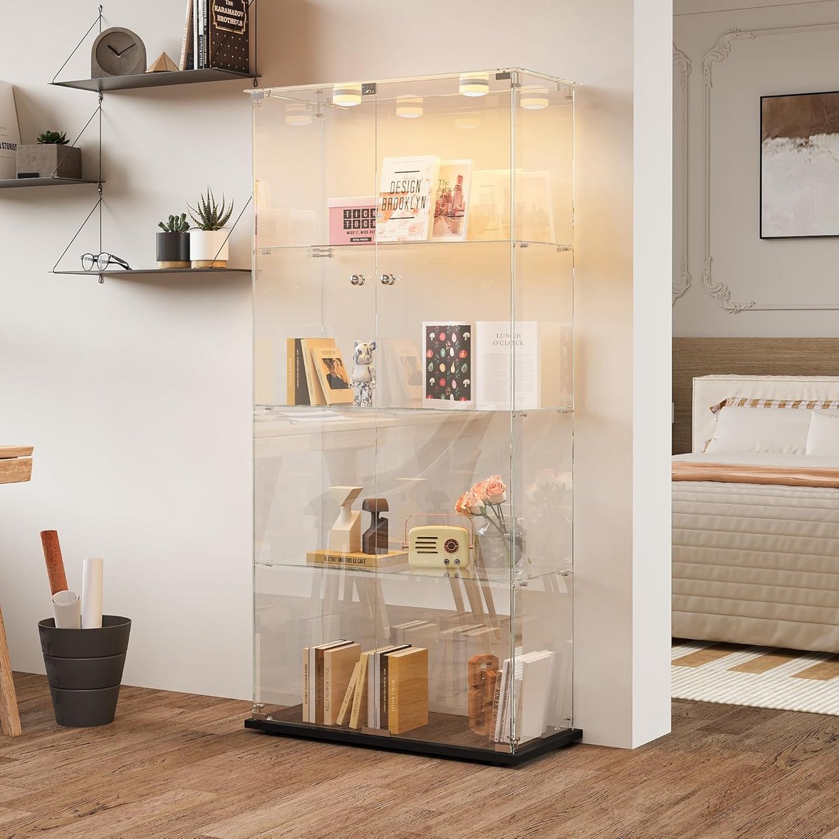 Staande Glazen Vitrinekast met 2 Deuren en LED Verlichting - 4 Lagen Display Kast voor Woonkamer/Kantoor (78x35x163cm)