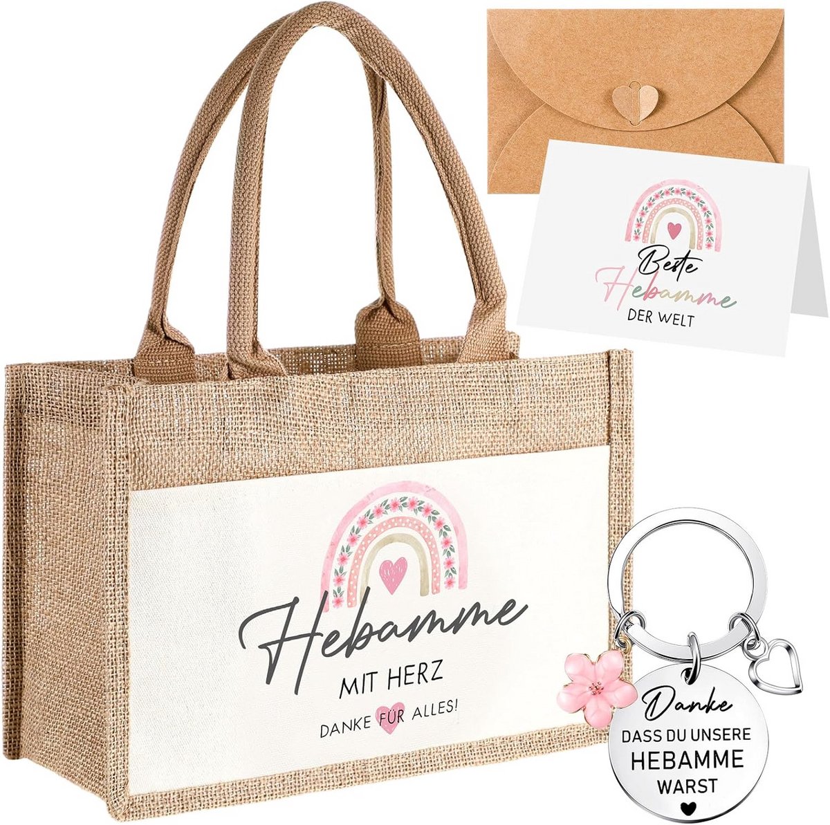 Dankgeschenk Set voor Verloskundigen met Jute Tas en Sleutelhanger