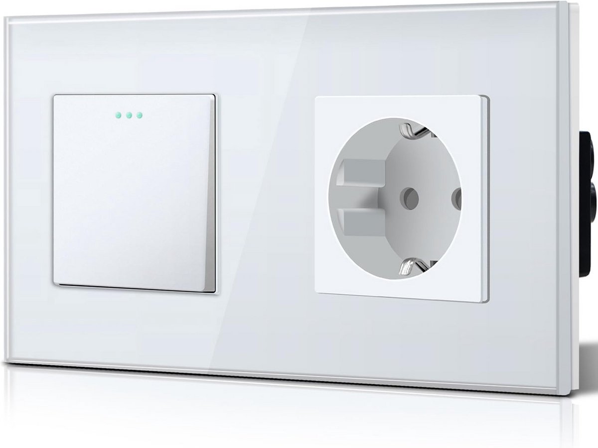 Wandlamp Schakelaar met EU Stopcontact - Glas, Wit, 16A