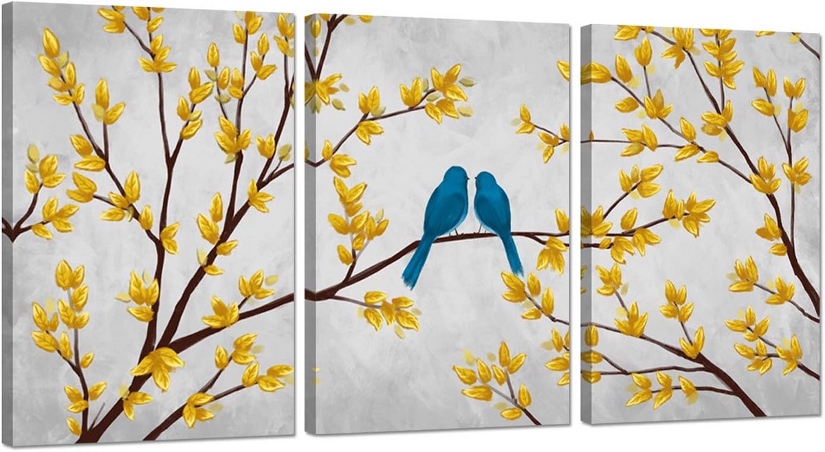 3-delige Canvas Schilderij Set Liefdevolle Vogels op Tak Muurdecoratie Slaapkamer Woonkamer
