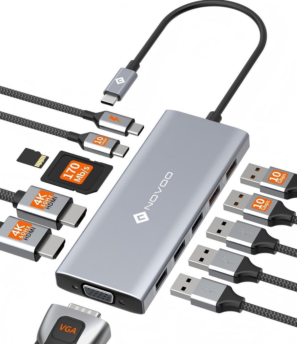 12-in-1 USB C Hub Dockingstation met HDMI, SD, RJ45 en USB 3.0 Poorten