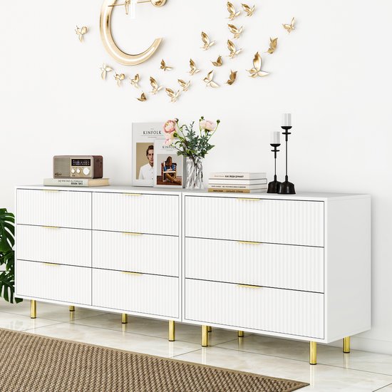 HAUSS SPOLE Dressoir - Modulair Met 9 Laden - Flexibele Opstelling Voor Slaapkamer En Hal - MDF Wit Goud - B200xD40xH72 Cm