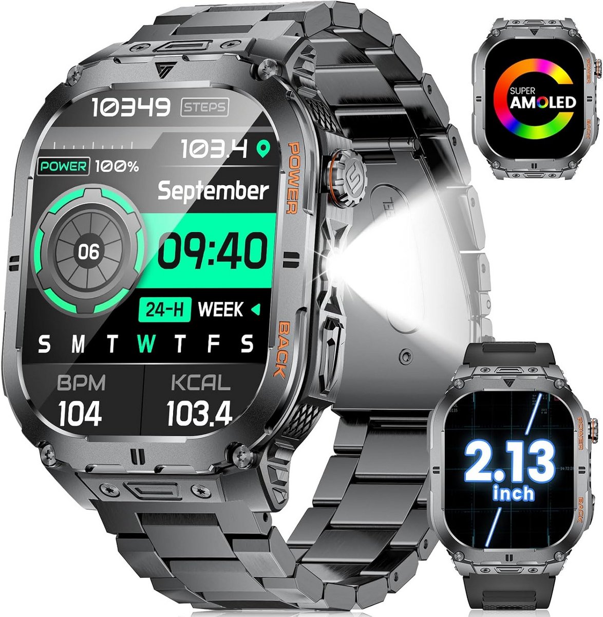 Groot AMOLED Smartwatch voor Heren met Lange Batterijduur en 5 ATM Waterdichtheid
