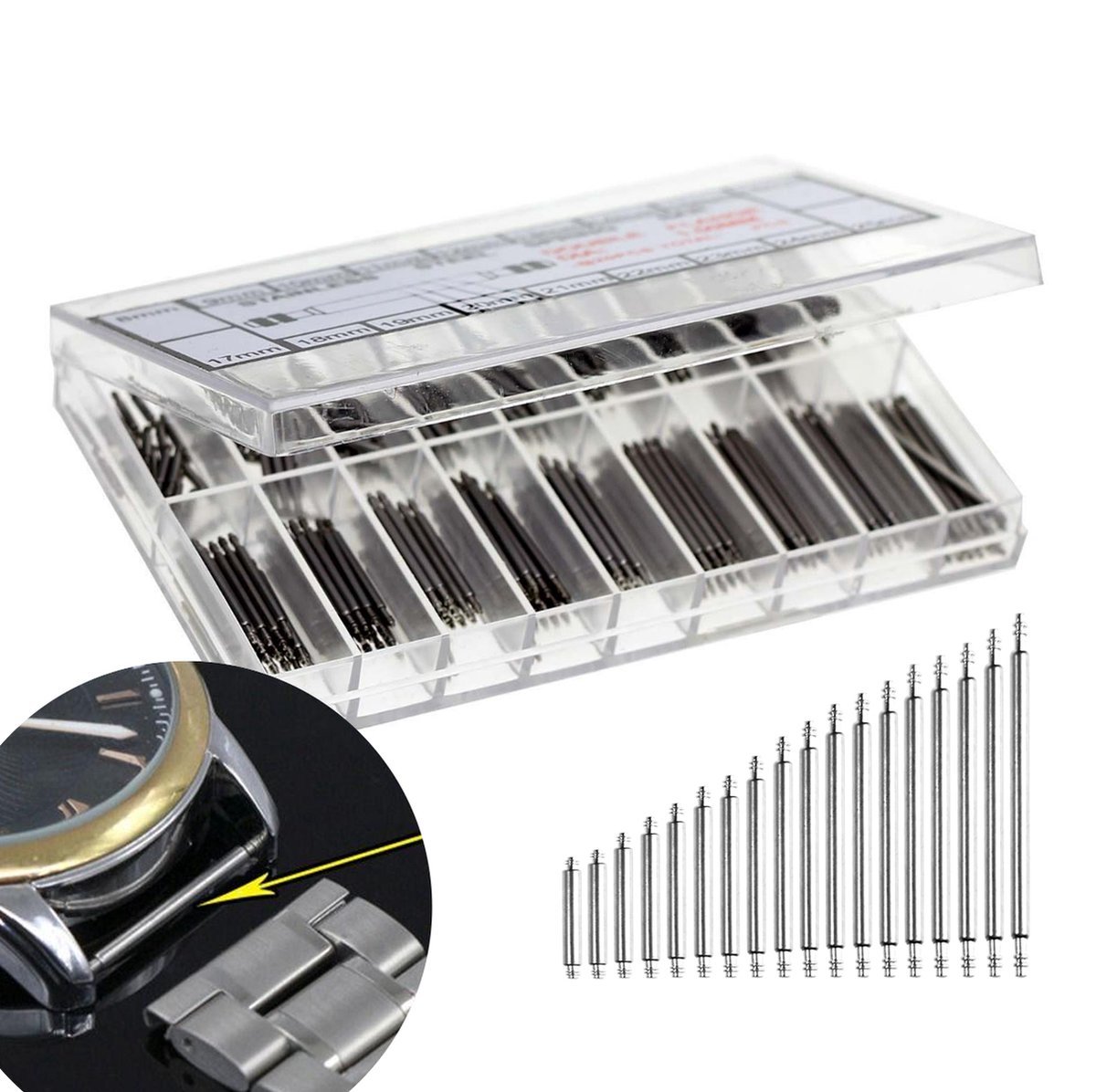 Nifkos - Set van 360 Stuks Horloge Pinnen - van 8 tot en met 25 mm - Horloges Armband RVS Pinnen - Horloge pin - Horloge accessoires -