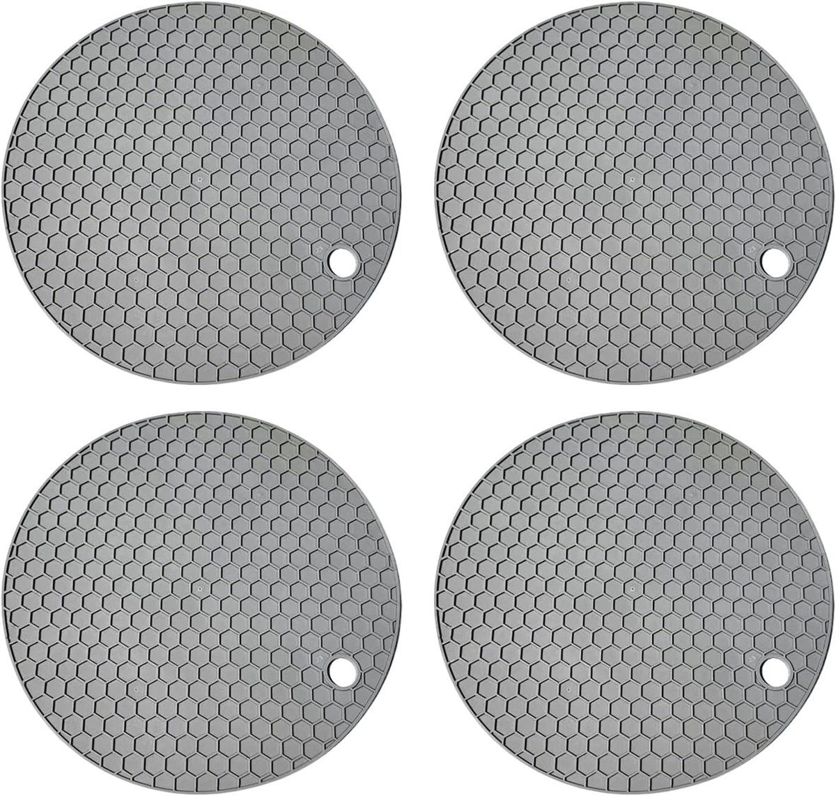 Siliconen pannenlappen – Hittebestendig & antislip – Set van 4 (rond, grijs, 14x14 cm) – Voor keuken, eettafel, serveerschalen, kommen, pannen, theepotten, potten, buiten & kamperen