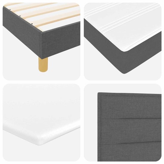 Collage van vier close-up beelden van een donkergrijs boxspringbed.