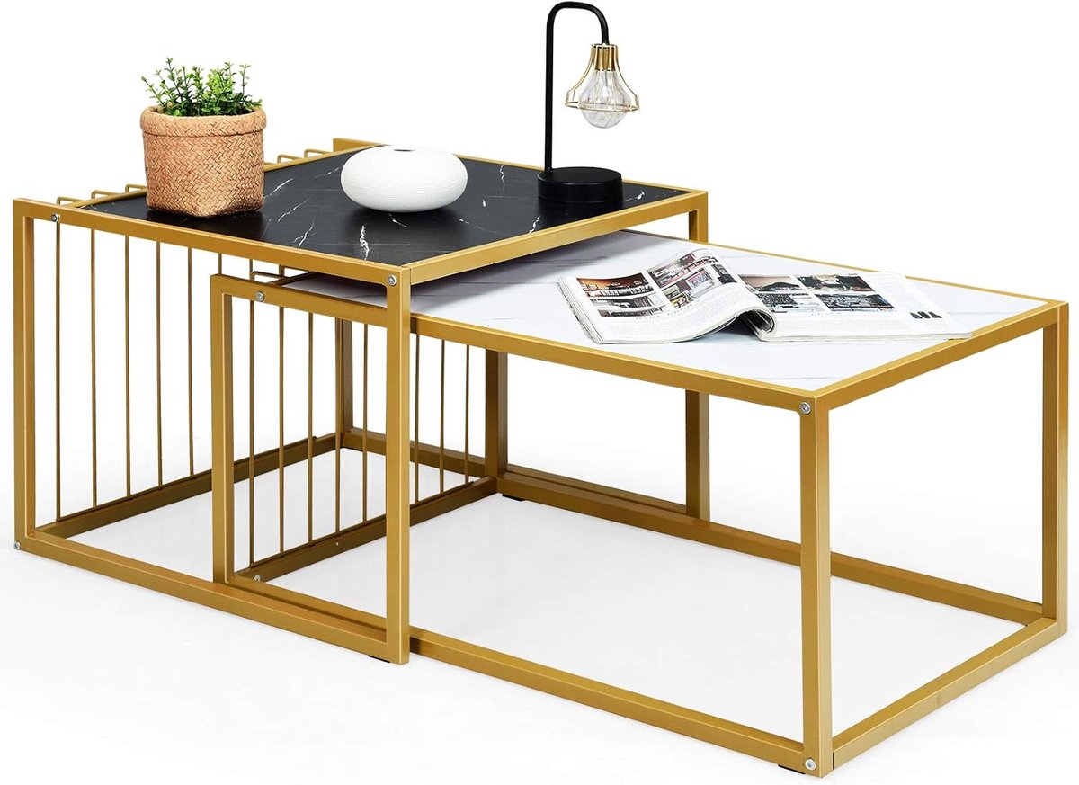 Set van 2 Vierkante Salontafels met Marmerlook en Gouden Frame - Nestelbaar en Ruimtebesparend
