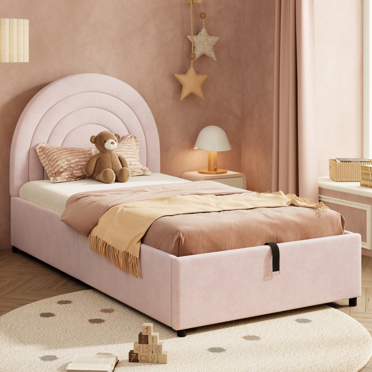 Wishdor Kinderbed - Hydraulische Opbergruimte En Gestoffeerd Hoofdbord - Speels - Voor Kinderkamer - Fluweel - Roze - 90 X 200 Cm