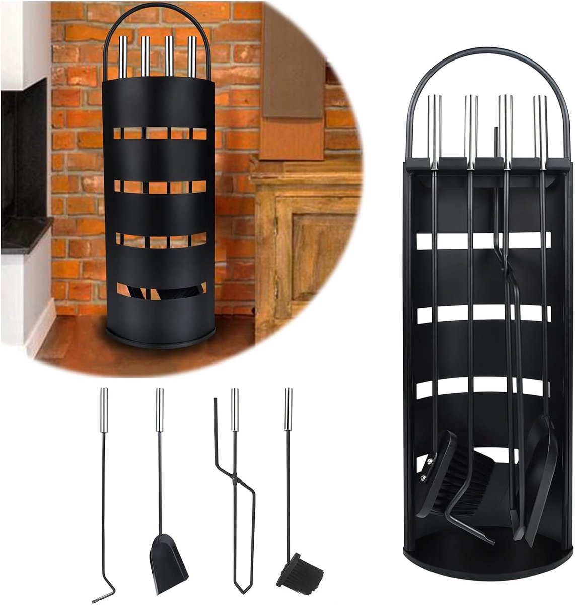 Haardbestek Set 5-delig - Roestvrij Staal Zwarte Frame met Schep Bezem Tang Pookhaak