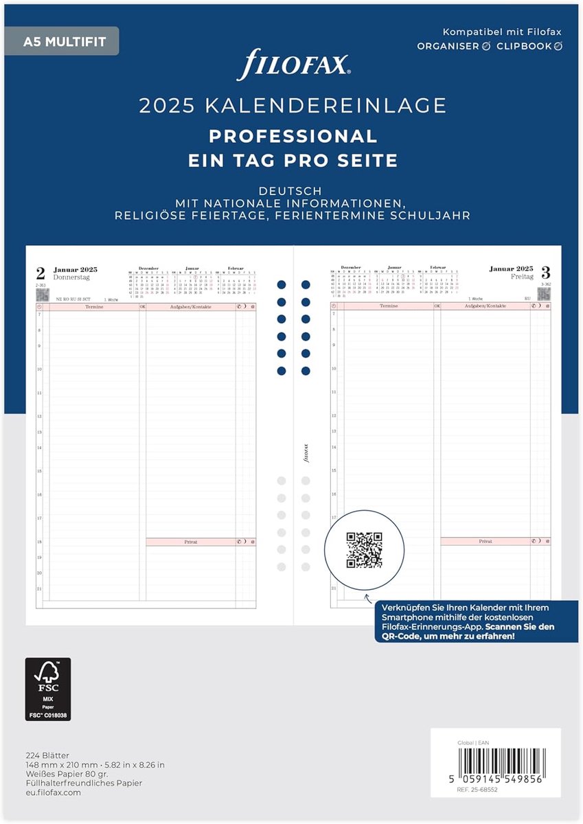 A5 Professionele Agenda 1 Dag op Eén Pagina (Duits) 2025