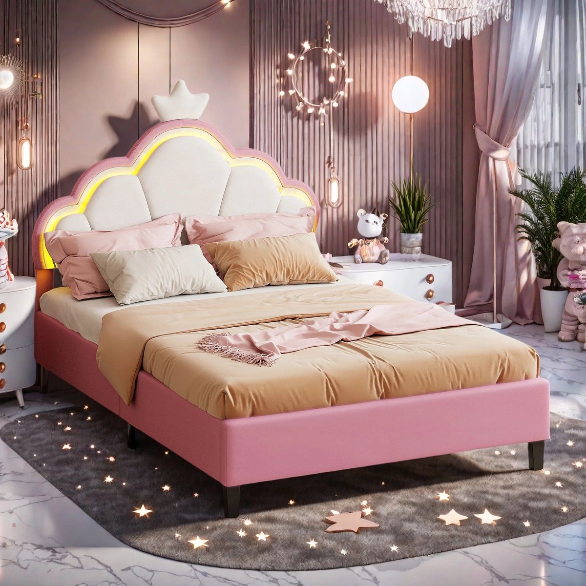 Modern Gestoffeerd Bed – Gestoffeerd Bedframe – Fluwelen Bed – Velours Bed – Slaapbed – 140x200 CM – Bloemvormig Hoofdeinde Met Kroon – Verstelbare Led-Verlichting