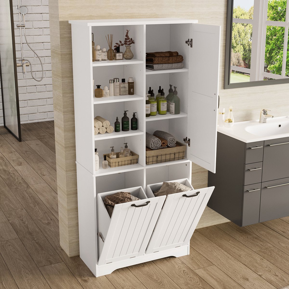 HAUSS SPOLE Badkamerkast - Vochtbestendig Met Dubbele Wasmand En Verstelbare Planken - MDF - 78x35x172,7 Cm - Wit