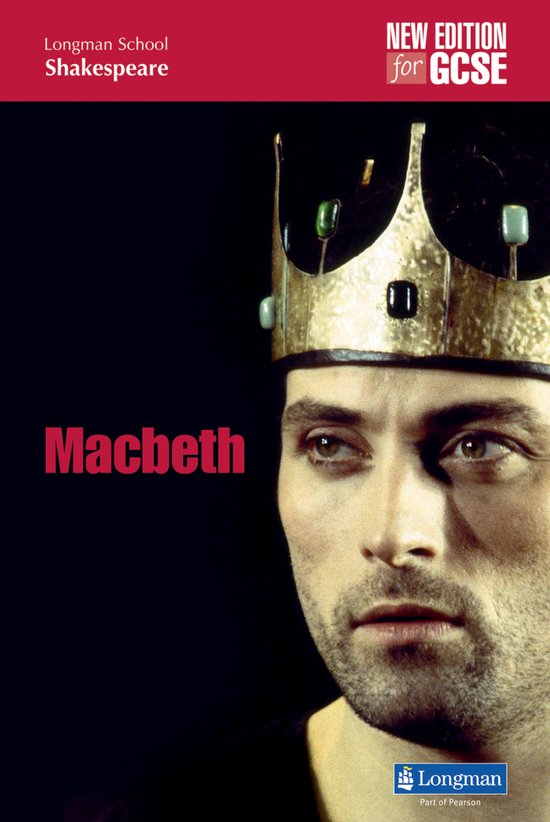 Macbeth, een boek met nieuwe editie voor GCSE, met een man met een gouden kroon en donkere achtergrond.