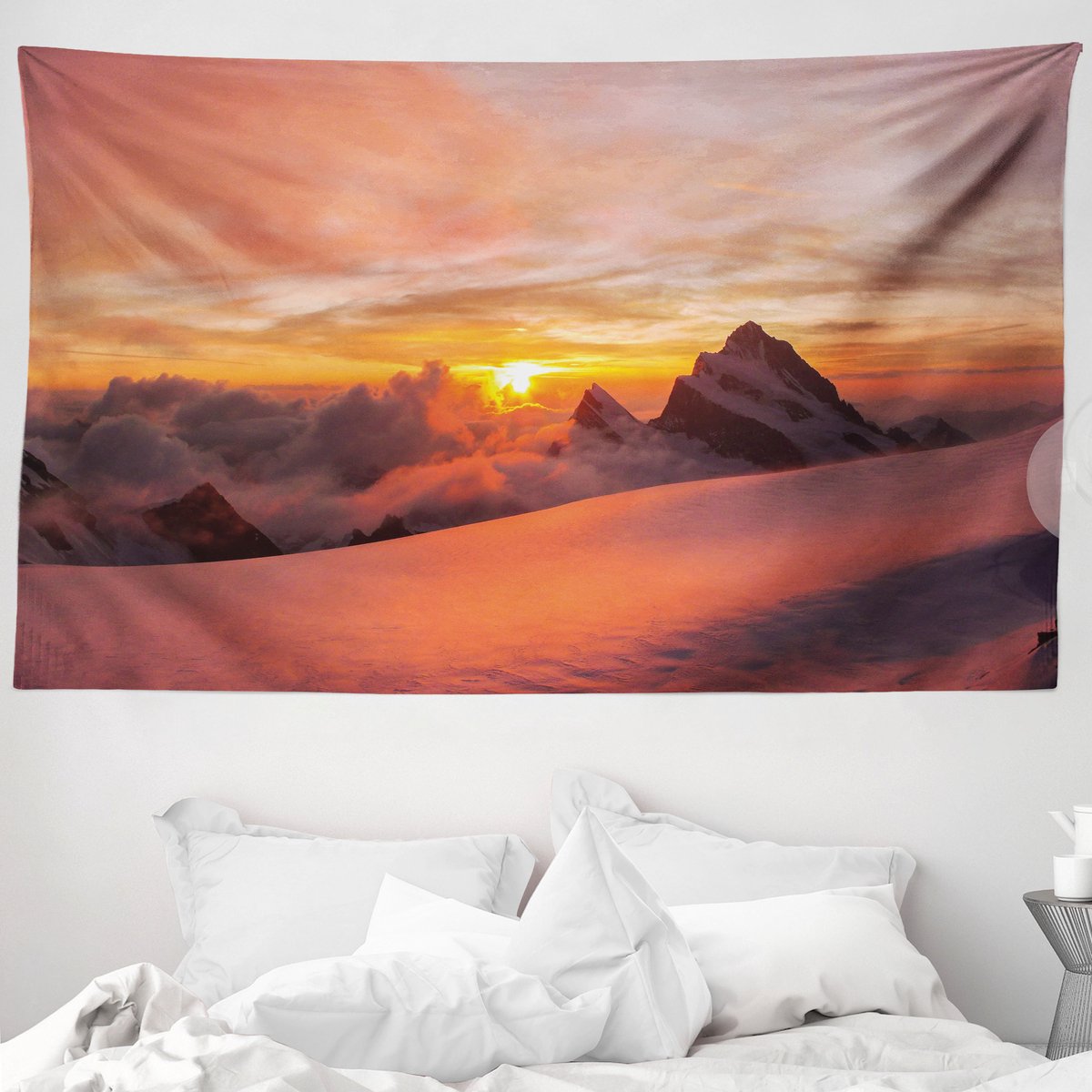 ABAKUHAUS Bergwandtapijt, Zonsopgang in de Zwitserse Alpen, 230 x 140 cm, geel en wit