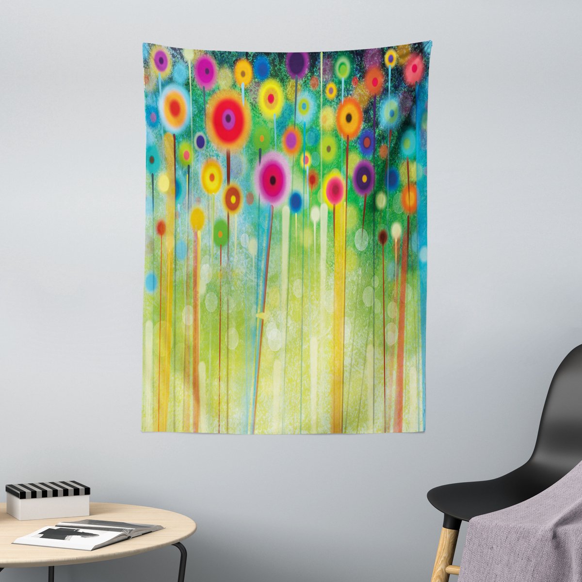 ABAKUHAUS Bloemenwandtapijt, Abstracte Kunst Paardenbloem, 110 x 150 cm, Meerkleurig Groen Magenta