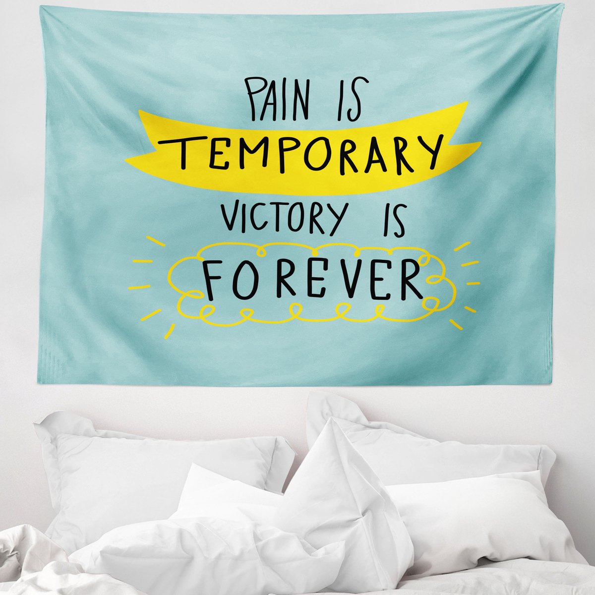 ABAKUHAUS Motiverend Wandtapijt, Tekst "Overwinning is Altijd", 150 x 110 cm, Zeegroen Geel