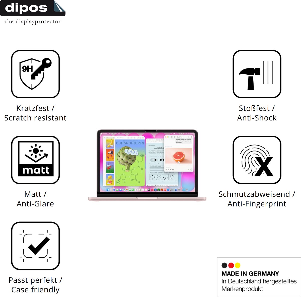 dipos – 2x Matte Pantserfolie geschikt voor Apple MacBook Neo 13 Zoll 2026 | 9H Screenprotector