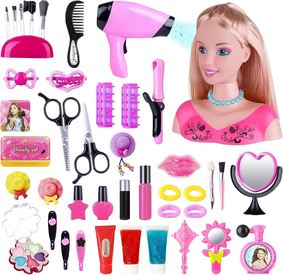 Kappersset voor Kinderen met Make-uppop en Accessoires - Speelgoed Cadeau voor Meisjes van 3 tot 8 Jaar