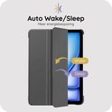 Grijze tablethoes met 'Auto Wake/Sleep' functie. Toont een tablet die wakker wordt en in slaap valt.