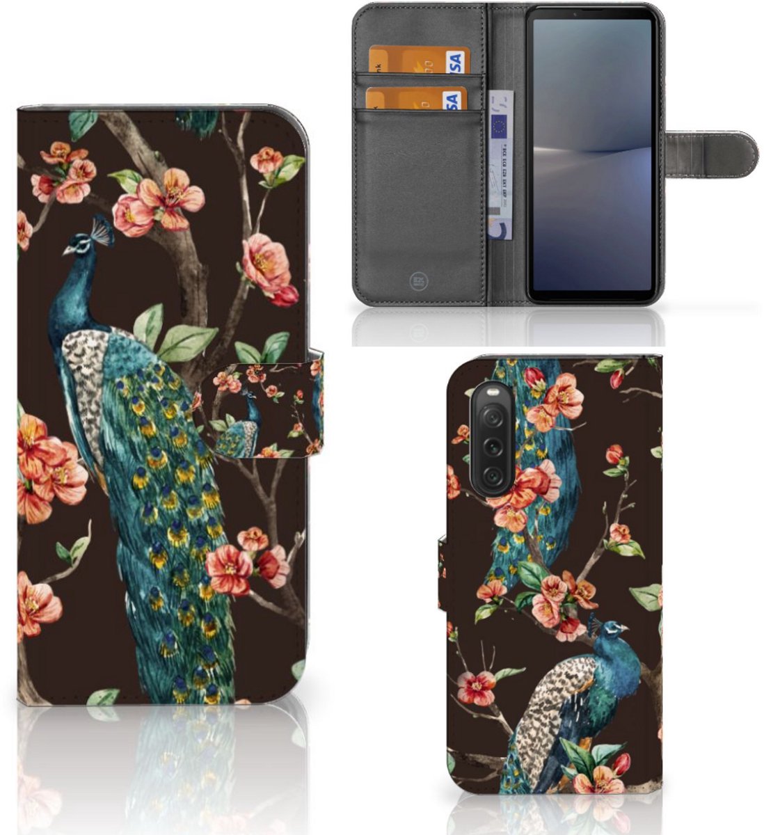 Sony Xperia 10 V Telefoonhoesje met Pasjes Pauw met Bloemen