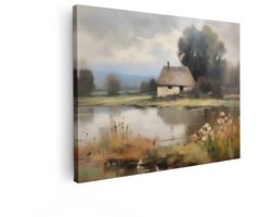 Artaza Canvas Schilderij Schilderachtig Huisje aan een Rustig meer met Bloemen en Bomen in de Zomer - 40x30 cm - Klein - Wanddecoratie Woonkamer - Schilderijen - Muurdecoratie