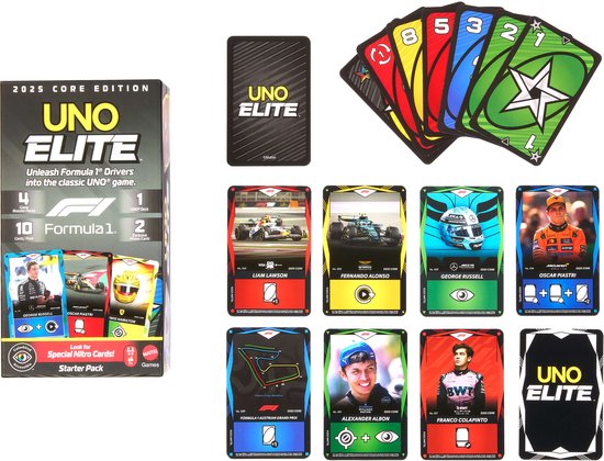 UNO Elite F1 starterspakket met kaarten van George Russell, Liam Lawson, Fernando Alonso, Oscar Piastri, Alexander Albon en Franco Colapinto.