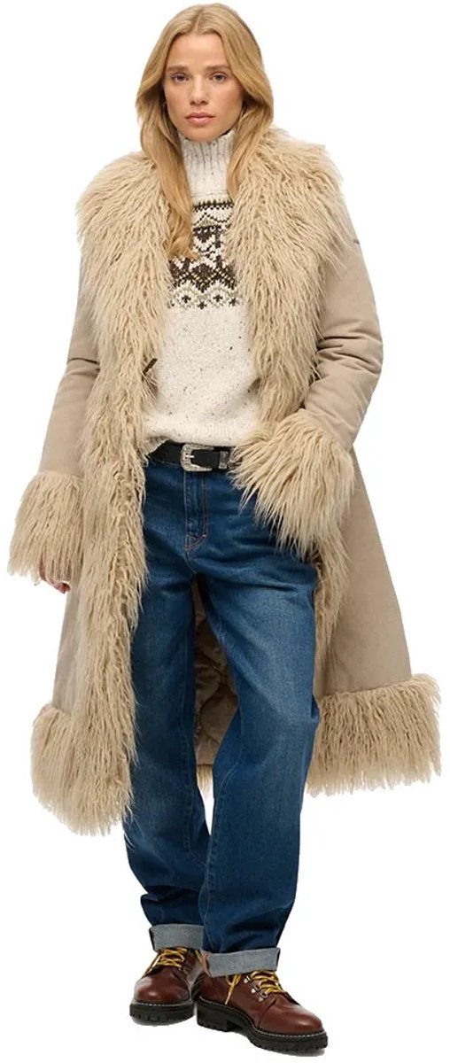 Superdry Long Afghan Jas XS Vrouw Taupe