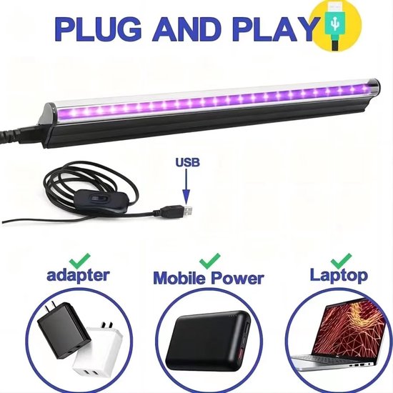 2-delige set LED-blacklightstrips, 5W 28cm USB UV-blacklightbuis, glow-in-the-dark feestartikelen voor Halloween-decoraties, kamers, posters, urinedetectie — afbeelding 3