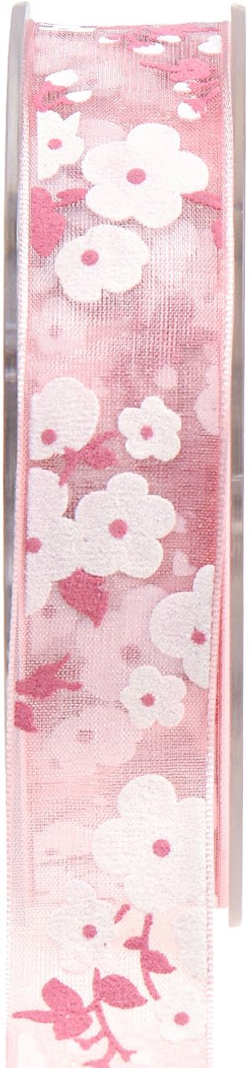 Organzalint roze met bloemen cadeaulint 20mm 20m