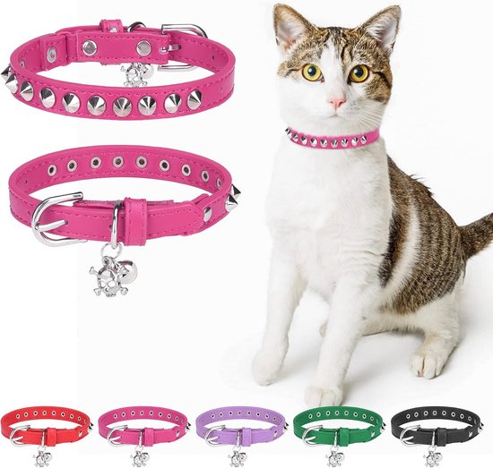 WeddHuis 2-delige Kattenhalsband – Met Belletje En Veiligheidssluiting – Comfortabel En Instelbaar (19-32 Cm) – Roze + Rood