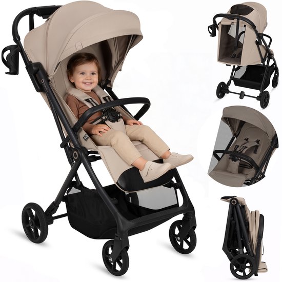 Beige buggy met baby, incl. close-ups van muskietennet, bekerhouder en opgevouwen positie.