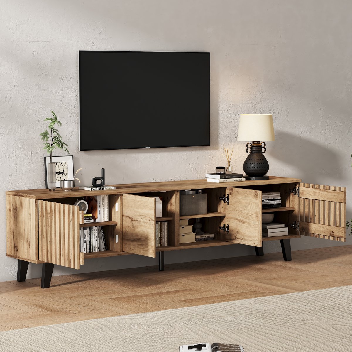 STILVORA Televisiemeubel - Met 8 Opbergvakken En 4 Deuren - Voor Woonkamer - Spaanplaat - Natuurlijk Hout - 180x40x55 Cm