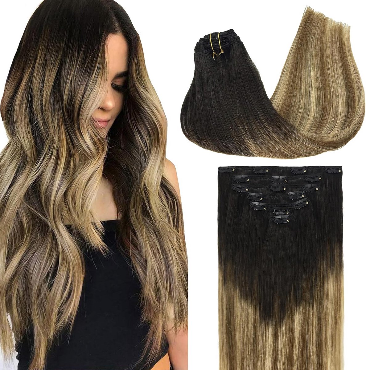 Clip-in Extensions Echt Haar 35 cm Donkerbruin tot Vuilblond - 7 Stuks 120g