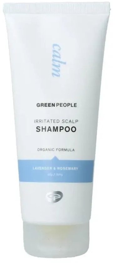 Witte tube Green People Irritated Scalp Shampoo, met blauwe band en 'lavender & rosemary'.