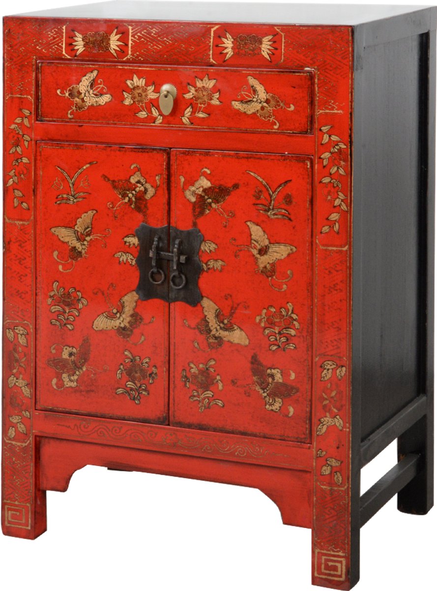Fine Asianliving Chinese Kast Rood Handgeschilderd Vlinders B58xD37xH85cm Chinese Meubels Oosterse Kast