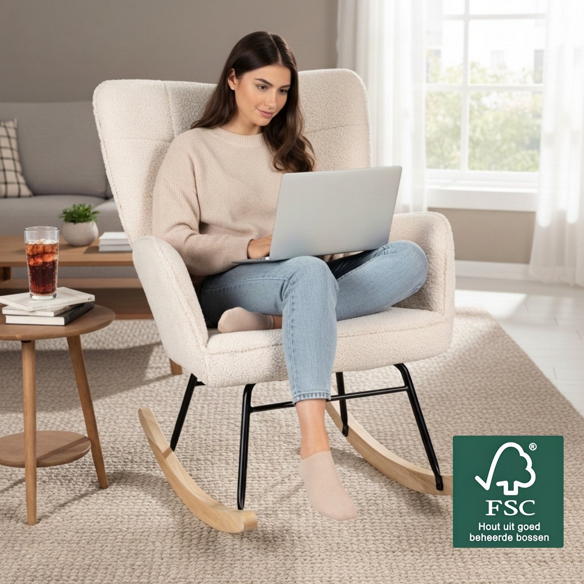 Zenzee Schommelstoel - Schommelstoelen babykamer - Met kussen - Relaxstoel - Fauteuil - Voedingsstoel - Roomwit - Beige — afbeelding 7
